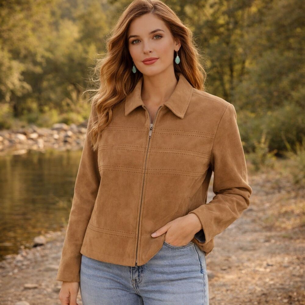 Jessica Howard Faux Suede Blazer Womens Sz L Petite Camel Zip Embellished Jacket